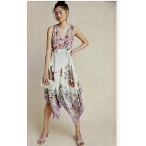 Anthropologie Size 8 Analise Floral Bird Handkerchief Hem Flowy Dreamy Dress